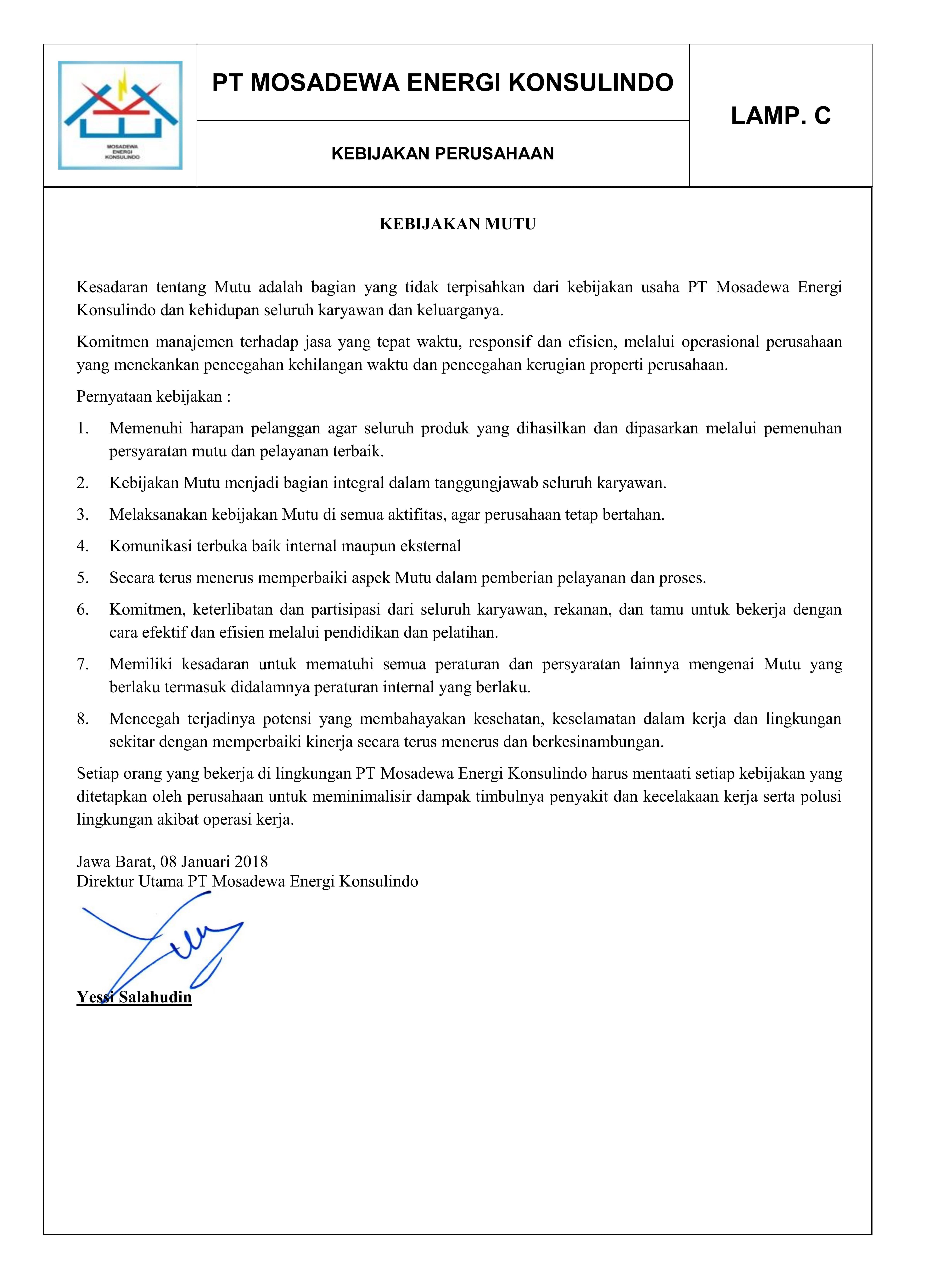 Kebijakan Mutu Perusahaan